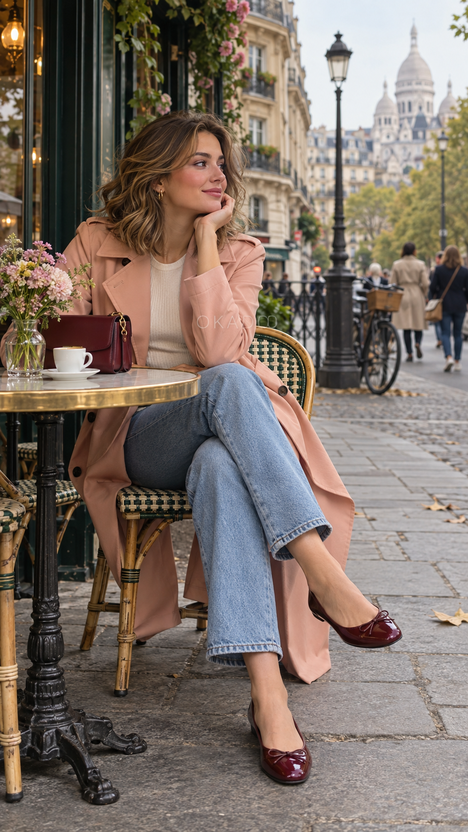 parisian chic outfits female, parisian chic style dresses, peach trench coat light blue jeans burgundy ballet flats outfit