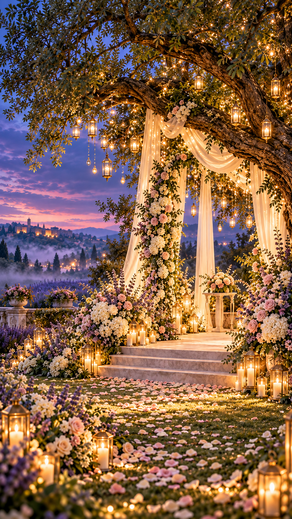 twilight wedding decor, twilight wedding arch, under tree wedding ceremony, wedding ceremony under willow tree