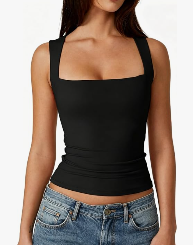 Women's Square Neck Sleeveless Double-Layer Tank Tops Basic Tight T Shirts,best tank tops for teens