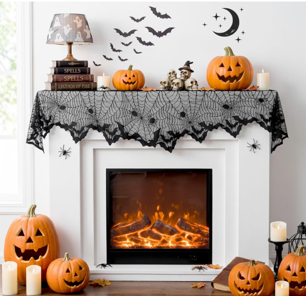 halloween home decor, fireplace mantle decor, scarf for fireplace mantle, halloween throw