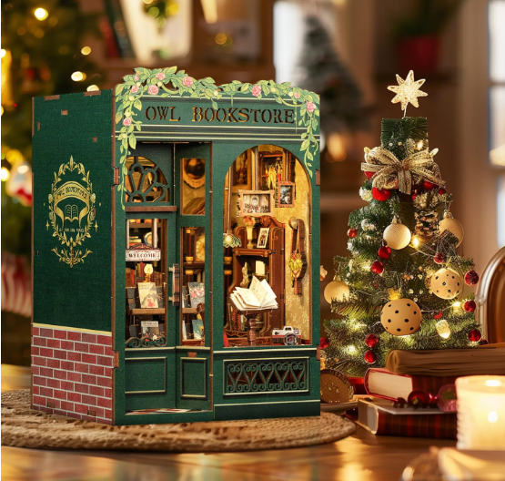 DIY Miniature House Kit for Adults, Teens and Beginners, Dollhouse Booknook Library Tiny House Bookshelf Decor 3D Wooden Puzzle, Gifts for Family, Friends (Owl Bookstore)