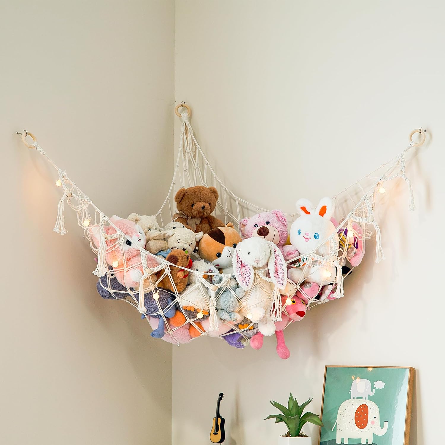  Stuffed Animal Storage Hammock w/Lights 1 Pack | Holds 12 lbs | Corner Stuffed Animal Organizer | Plushie Net for Stuffed Animals | Stuffy Storage, Cute Bedroom, Room Decor | White